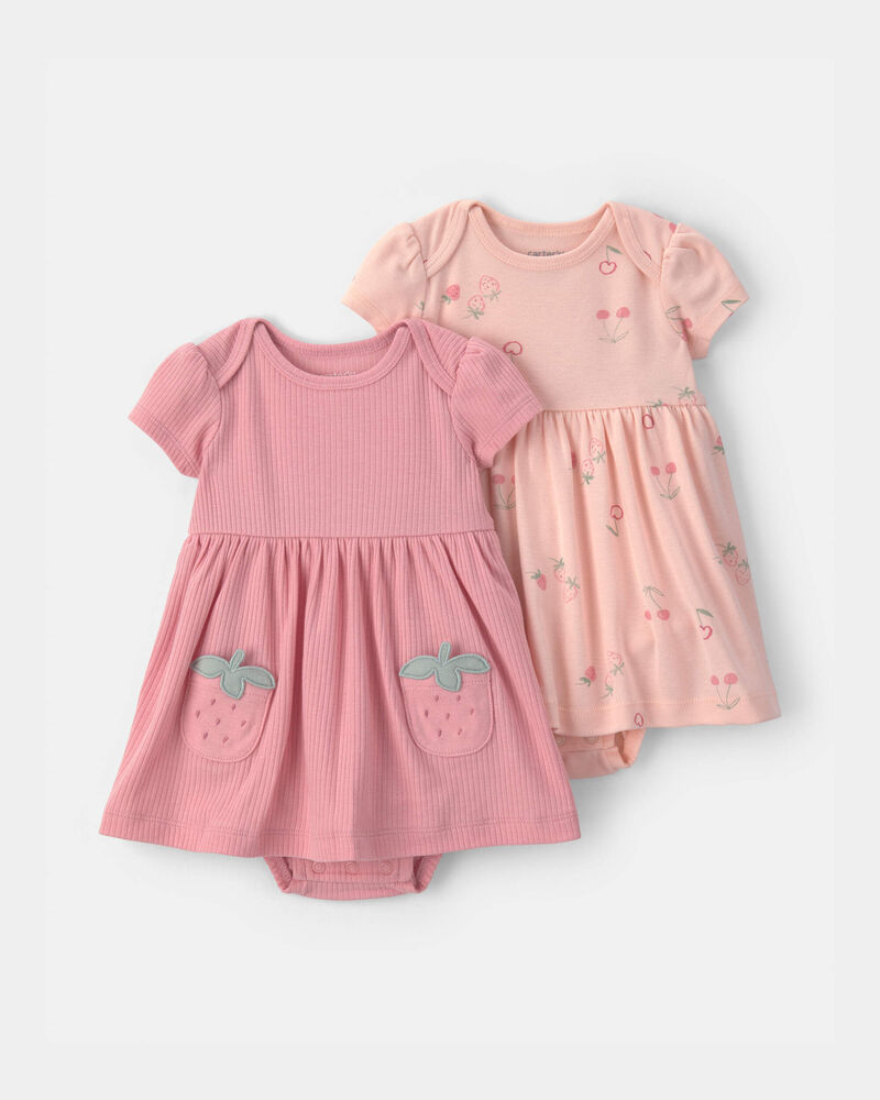 B&eacute;b&eacute; fille - Emballage 2 robes &agrave; manches courtes &agrave; motif fraise - Rose, image 1 sur 3 diapositives