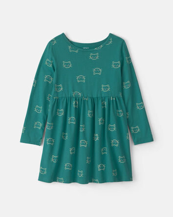 Girls Cat Long-Sleeve Dress - Green, 