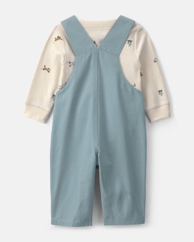Baby Boy 2-Piece Wolf Long-Sleeve Overall Set - Blue/Cream, image 2 of 6 slides
