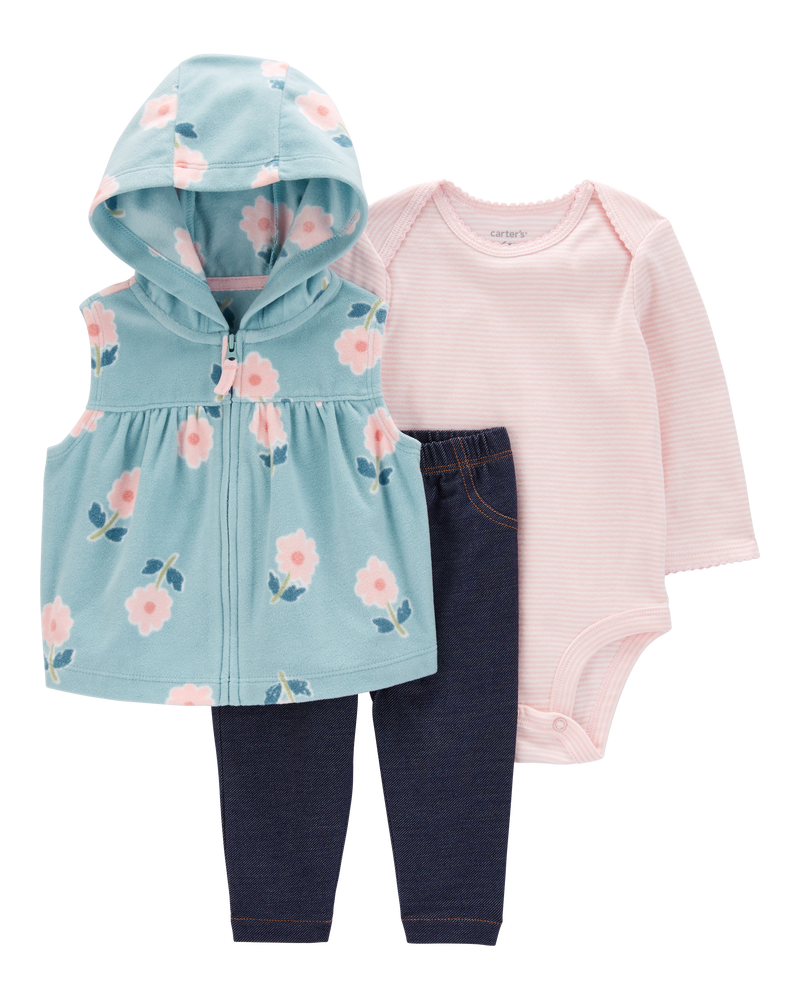 Baby 3-Piece Floral Fleece Little Vest Set, image 1 of 4 slides