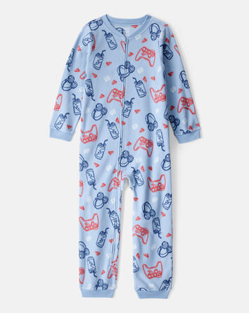 Boys Video Games Print Loose Fit Long-Sleeve Zip-Up 1-Piece Pyjamas - Blue, 