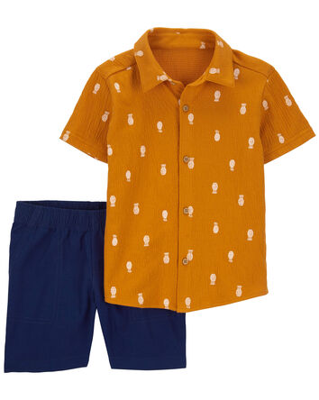 2-Piece Pineapple-Print Shirt & Canvas Shorts Set, 
