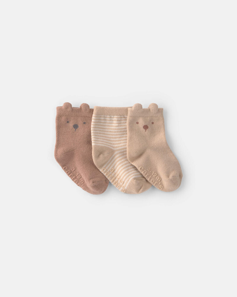 Baby 3-Pack Bear Baby Booties - Brown, image 1 of 2 slides