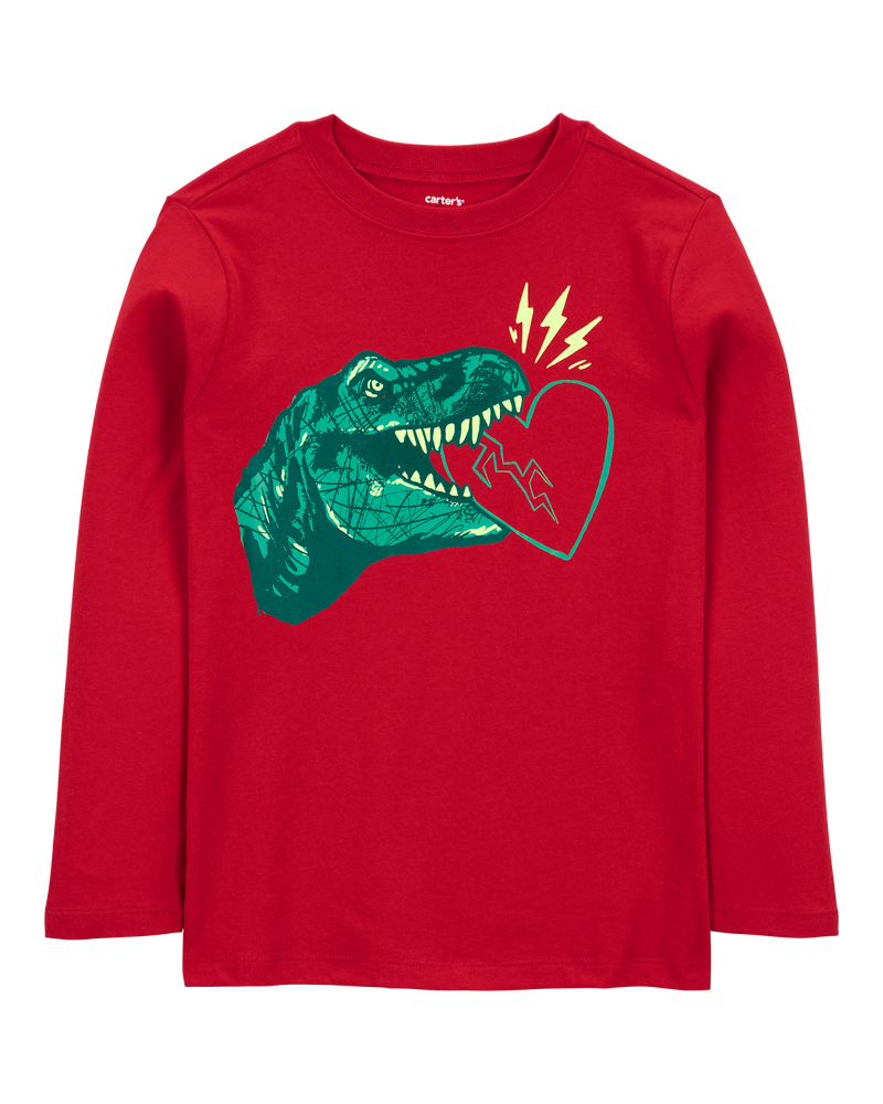 Kid Valentine's Day Dinosaur Long-Sleeve Tee - Red, image 1 of 3 slides