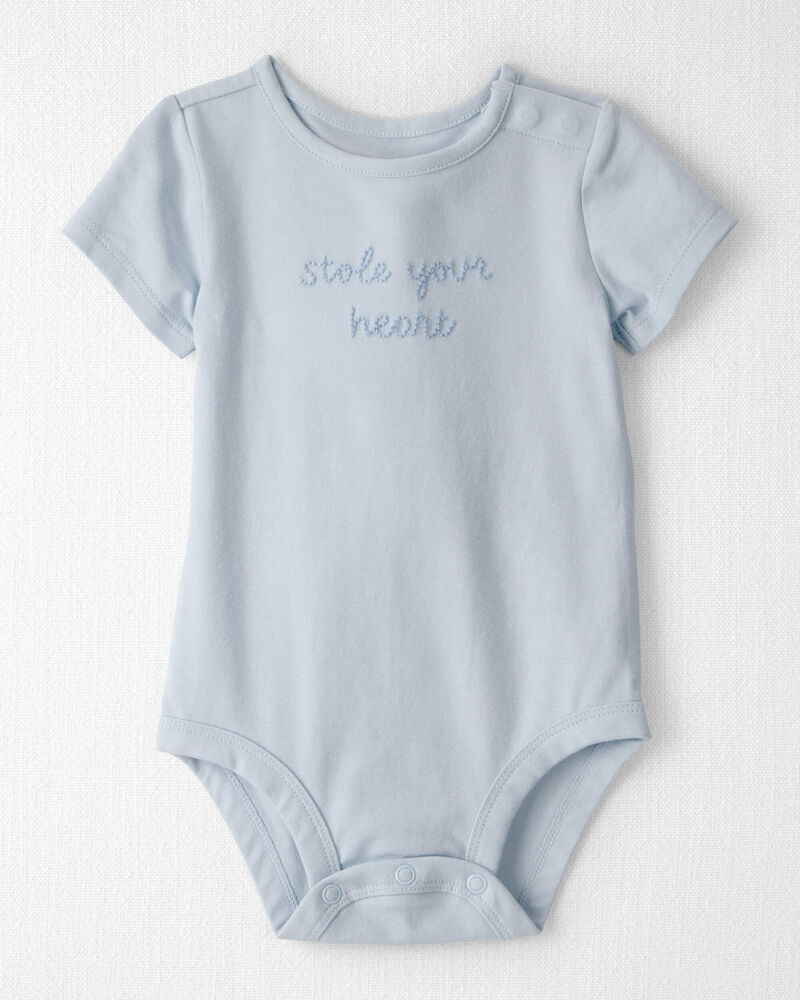 Baby 'Stole Your Heart' Organic Cotton Embroidered Bodysuit in Slate Blue, image 1 of 4 slides