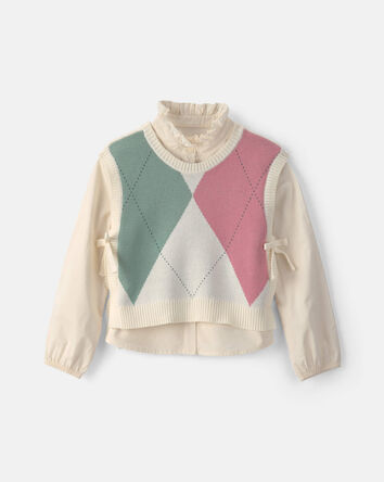 Filles - Ensemble 2 pi&egrave;ces gilet tricot et haut &agrave; carreaux &ndash; Cr&egrave;me, 