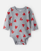Baby Girl Heart Print Long-Sleeve Graphic Bodysuit - Grey, image 1 of 3 slides