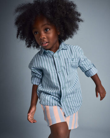 Toddler Boy Button-Down Long-Sleeve Shirt in Stripes - Blue, 