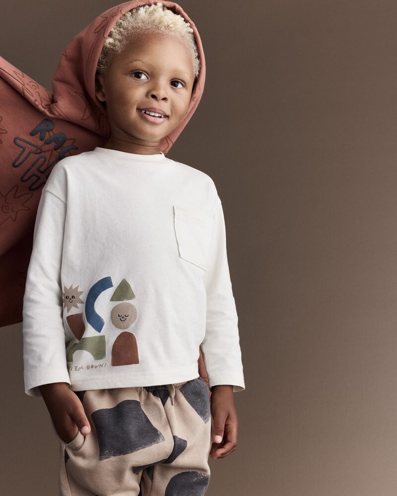 Toddler Long-Sleeve Pocket Relaxed Graphic Tee with Shapes - Cream, image 1 of 6 slides