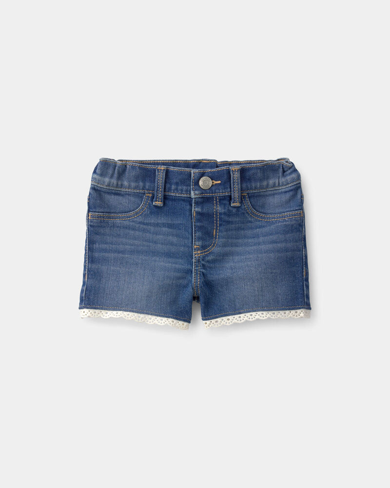B&eacute;b&eacute; fille - Short en denim &agrave; bordure ajour&eacute;e - D&eacute;lav&eacute; fonc&eacute;, image 1 sur 3 diapositives