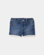 B&eacute;b&eacute; fille - Short en denim &agrave; bordure ajour&eacute;e - D&eacute;lav&eacute; fonc&eacute;, image 1 sur 3 diapositives