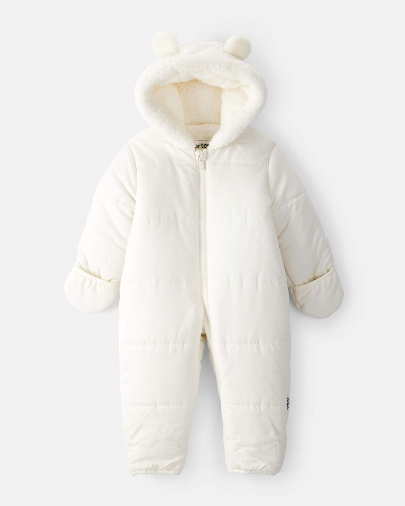 Baby Girl 1-Piece Bear Ears Hooded Pram Snowsuit - Cream, image 1 of 4 slides
