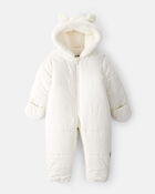 Baby Girl 1-Piece Bear Ears Hooded Pram Snowsuit - Cream, image 1 of 4 slides