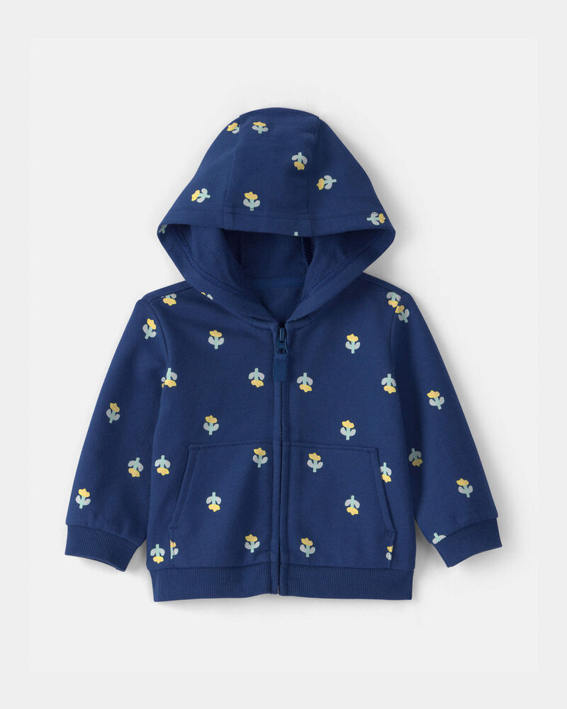 Baby Girl Floral French Terry Zip-Up Hoodie - Blue, image 1 of 3 slides