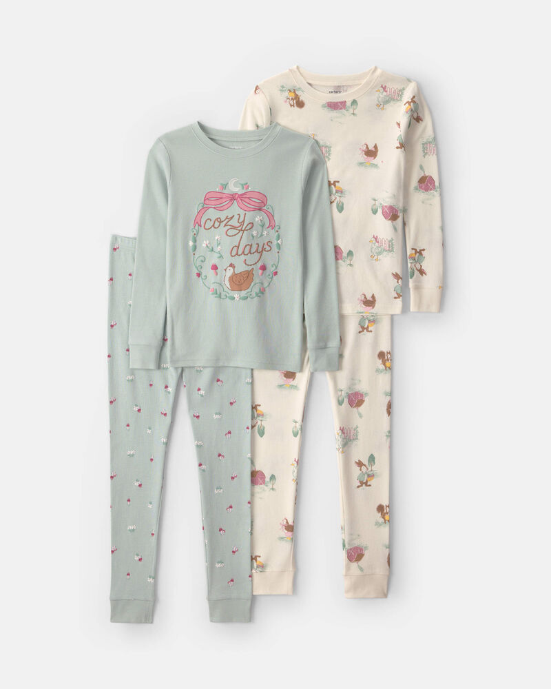 Filles - Pyjama ajust&eacute; 4 pi&egrave;ces en 100 % coton &agrave; motif poulet campagnard - Bleu/Cr&egrave;me, image 1 sur 6 diapositives