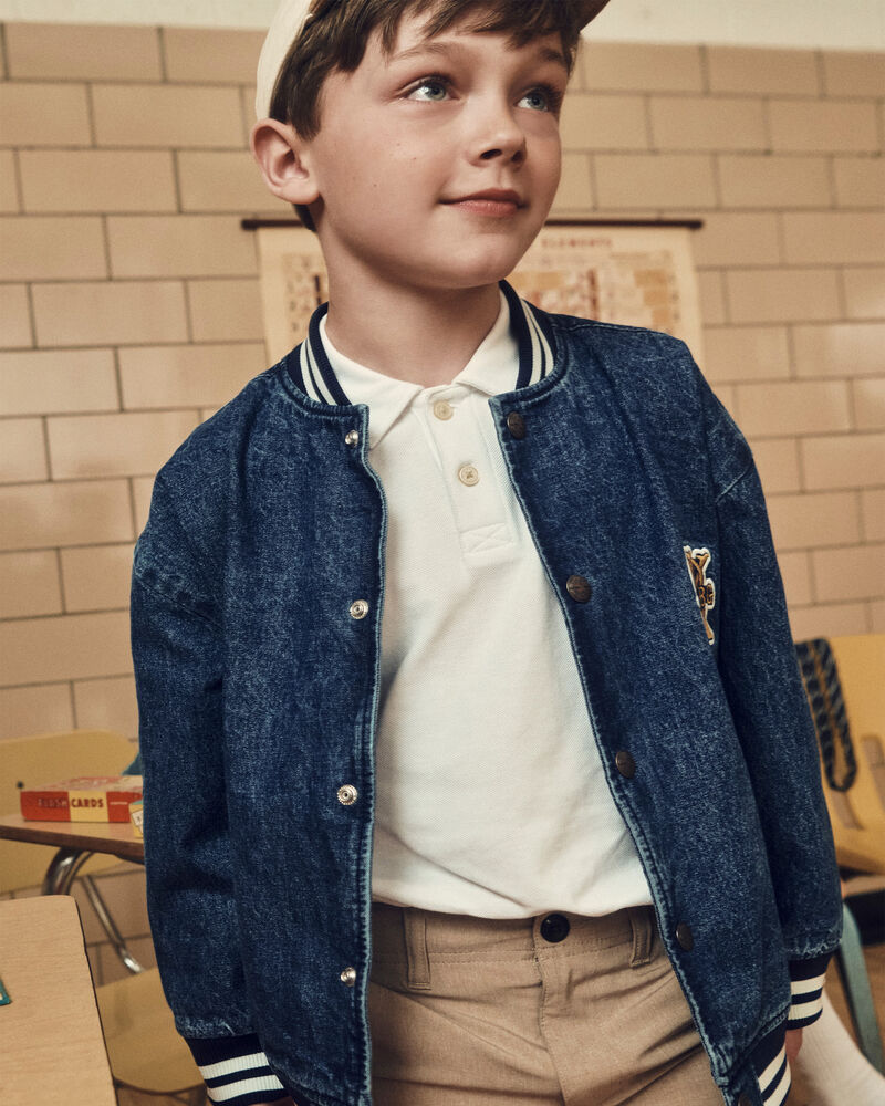 Boys Varsity Denim Jacket - Medium Wash, image 2 of 5 slides