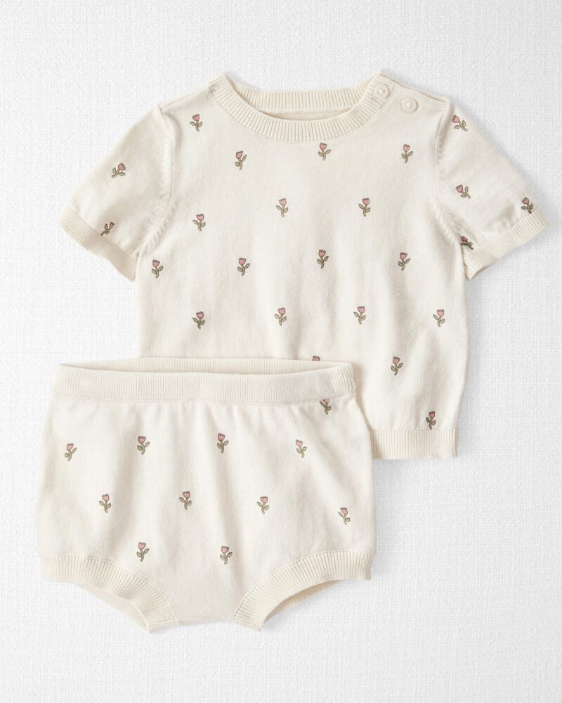 Bébé fille - Ensemble 2 pièces chandail en coton biologique à motifs de fleurs, image 1 sur 4 diapositives