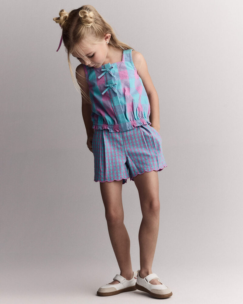 Tout-petit fille - Short festonn&eacute; en guingan - Bleu/Mauve, image 2 sur 7 diapositives
