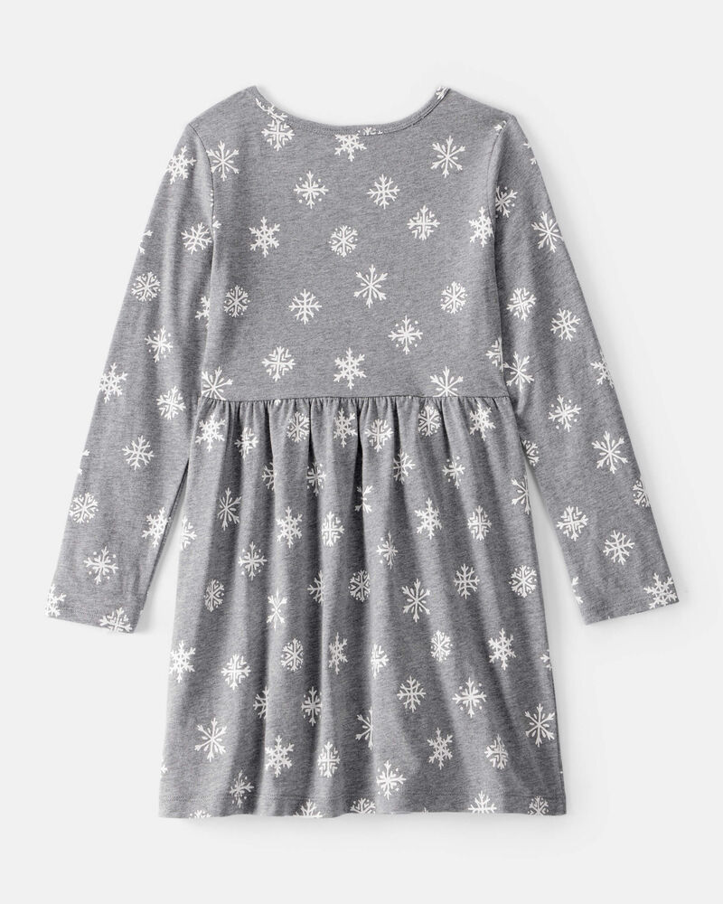 Girls Snowflake Print Cotton Long-Sleeve Dress - Grey, image 2 of 4 slides