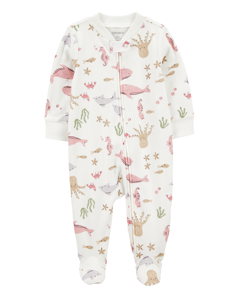 Baby Girl Aquatic Animals Print 2-Way Zip Cotton Sleeper Pyjamas - Ivory, image 1 of 3 slides