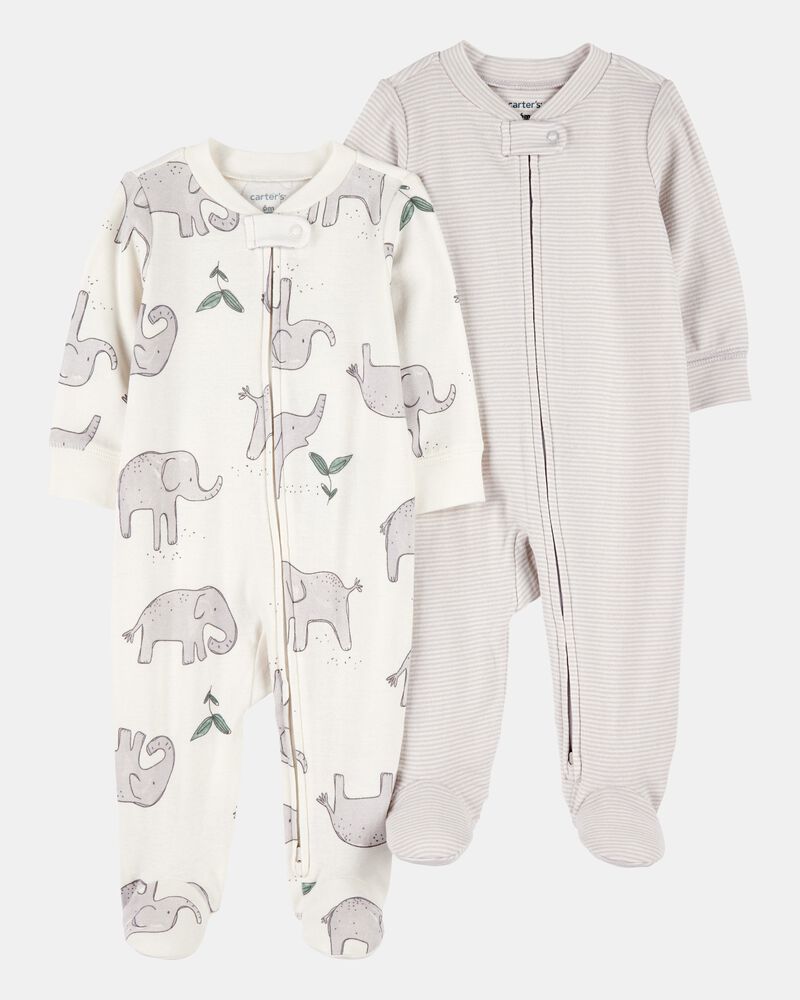 Baby 2-Pack Striped Elephant 2-Way Zip Cotton Sleeper, image 1 of 4 slides