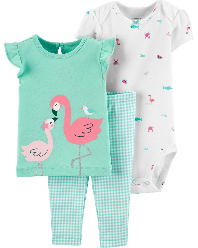 3-Piece Flamingo Tee & Gingham Pant Set, image 1 of 3 slides