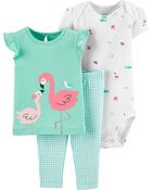 3-Piece Flamingo Tee & Gingham Pant Set, image 1 of 3 slides