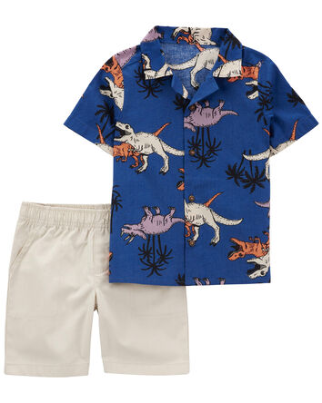 2-Piece Dinosaur Button-Front Shirt & Short Set, 