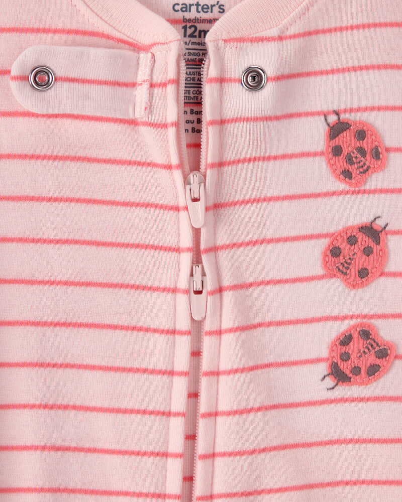 B&eacute;b&eacute; fille - Pyjama 1 pi&egrave;ce ajust&eacute; en 100 % coton &agrave; rayures et coccinelles - Rose, image 2 sur 4 diapositives
