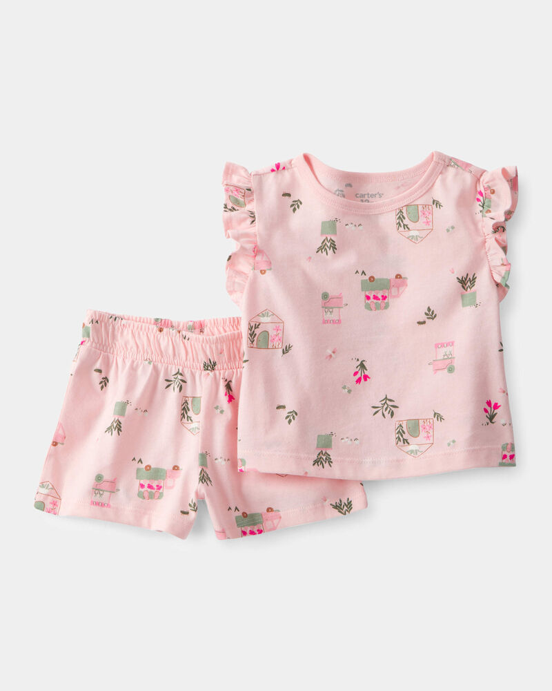 B&eacute;b&eacute; fille - Ensemble 2 pi&egrave;ces camions, fleurs et short - Rose, image 1 sur 2 diapositives