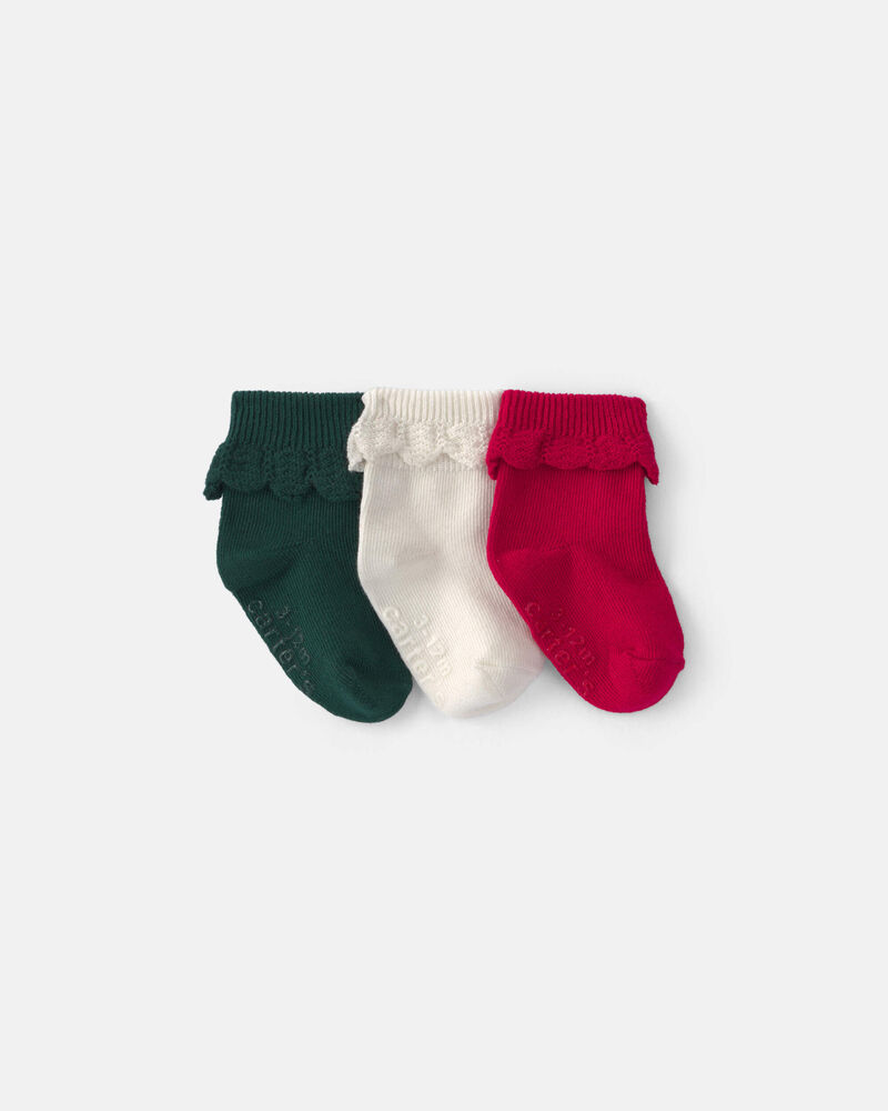 B&eacute;b&eacute; fille - Emballage 3 paires de chaussons rabattables &agrave; volant de No&euml;l &ndash; Vert/Cr&egrave;me/Rouge, image 1 sur 1 diapositives