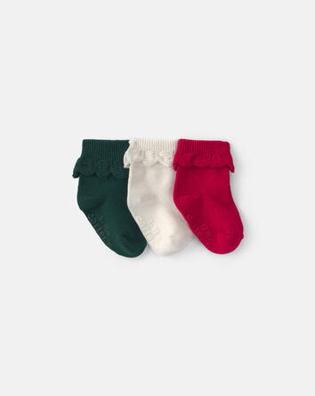 B&eacute;b&eacute; fille - Emballage 3 paires de chaussons rabattables &agrave; volant de No&euml;l &ndash; Vert/Cr&egrave;me/Rouge, 