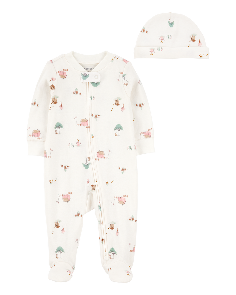 Baby 2-Piece Barn Print 2-Way Zip Sleeper & Headwrap Set, image 1 of 3 slides