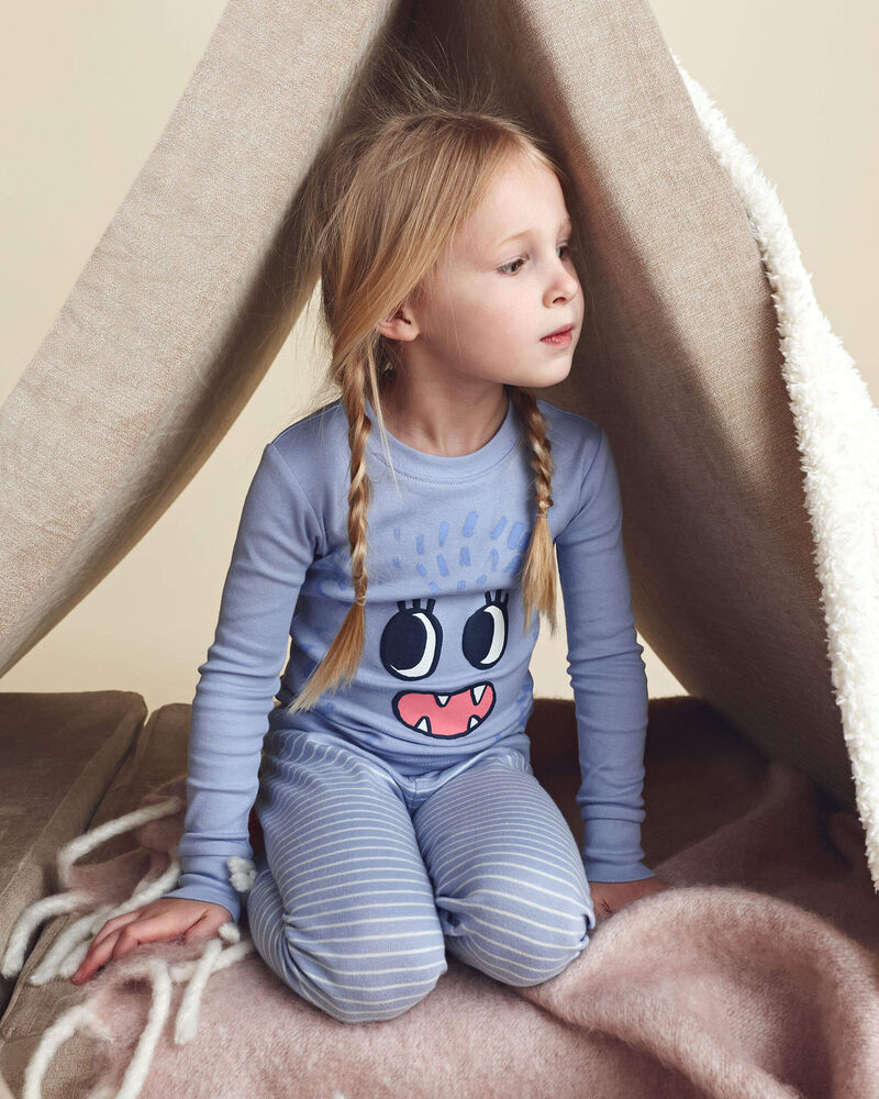 Toddler Girl 4-Piece Monster 100% Cotton Snug Fit Pyjama Set - Blue/Cream, image 3 of 9 slides