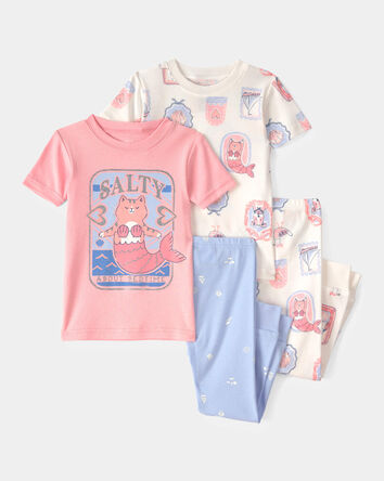 Toddler Girl Mermaid Cat 100% Cotton Snug Fit 4-Piece Pyjama Set - Pink/Ivory, 