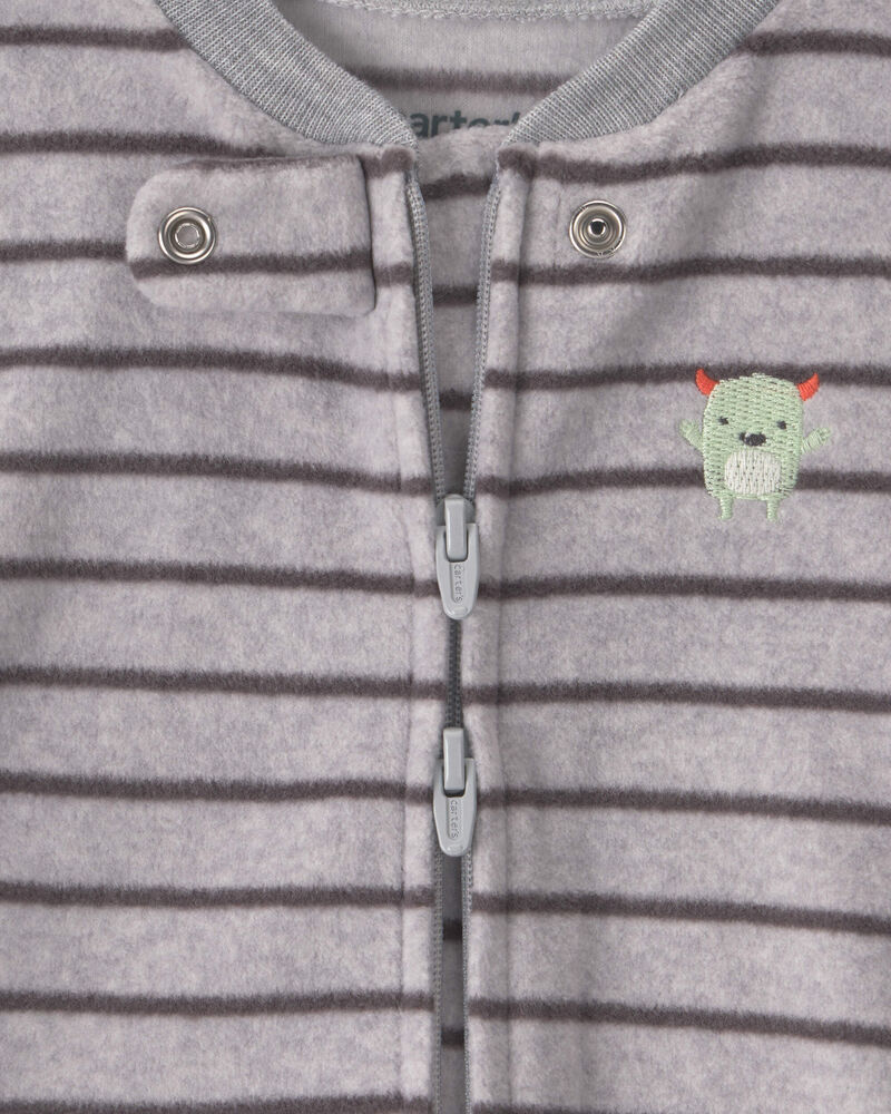 Baby Boy Monster Striped Fleece 2-Way Zip Sleeper - Grey, image 4 of 7 slides