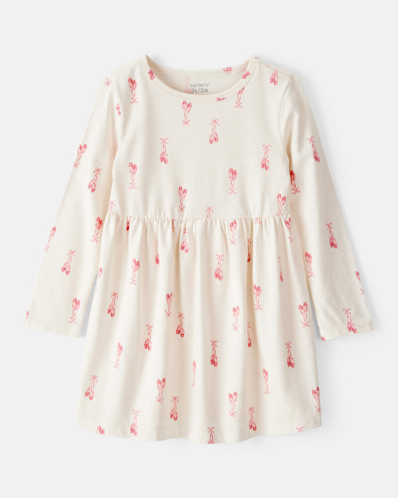 Toddler Girl Ballet Slipper Print Long-Sleeve Dress - Ivory, image 1 of 4 slides