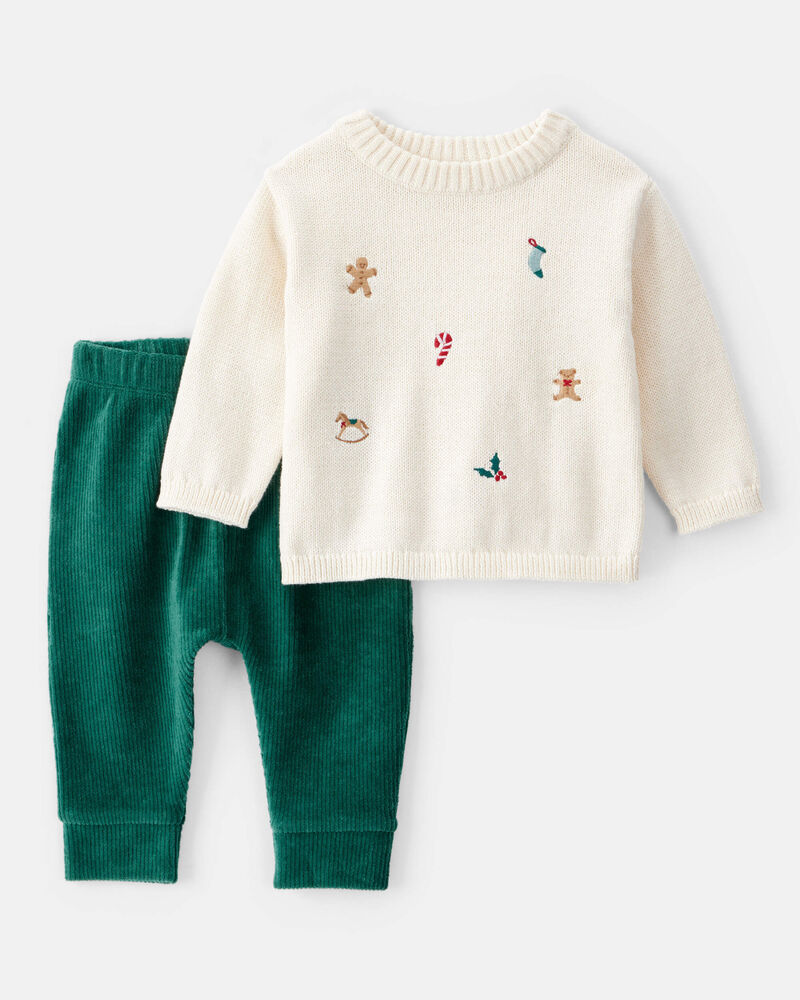 Baby Boy Holiday Print Long-Sleeve Sweater & Pant Set - White, image 1 of 7 slides