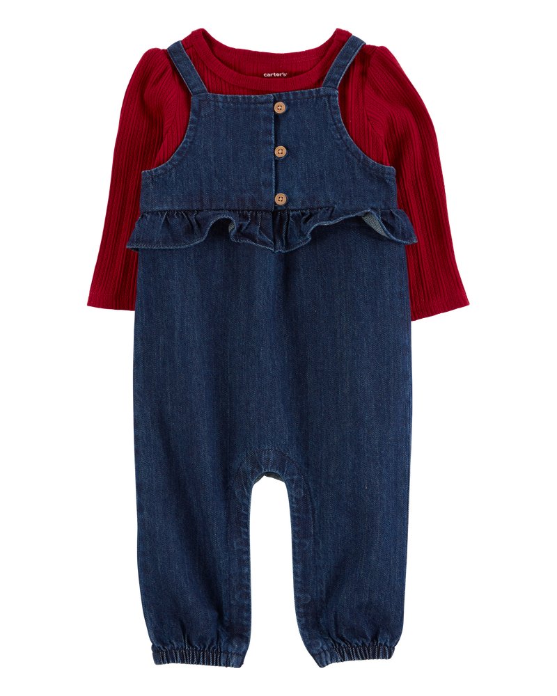 Baby 2-Piece Long-Sleeve Tee & Denim Jumpsuit Set, image 1 of 6 slides