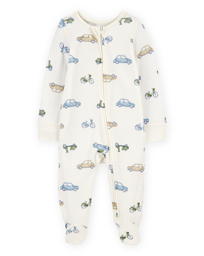 Baby Car Print 2-Way Zip PurelySoft Sleeper Pyjamas - Ivory, image 1 of 5 slides