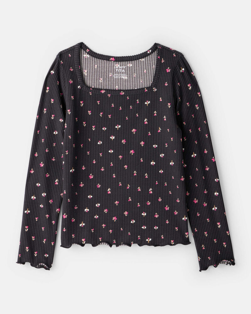 Girls Floral Ribbed Top - Grey, image 1 of 3 slides
