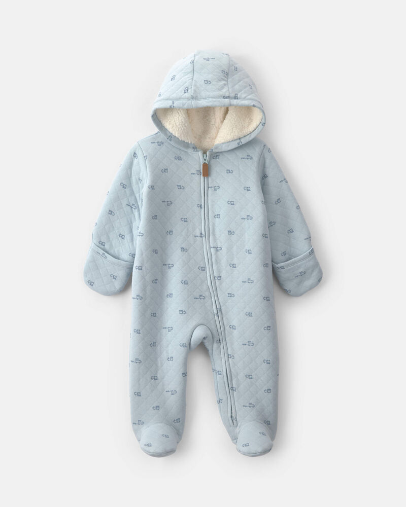 Baby Boy Train Teddy Fleece Long-Sleeve Jumpsuit - Blue, image 1 of 4 slides