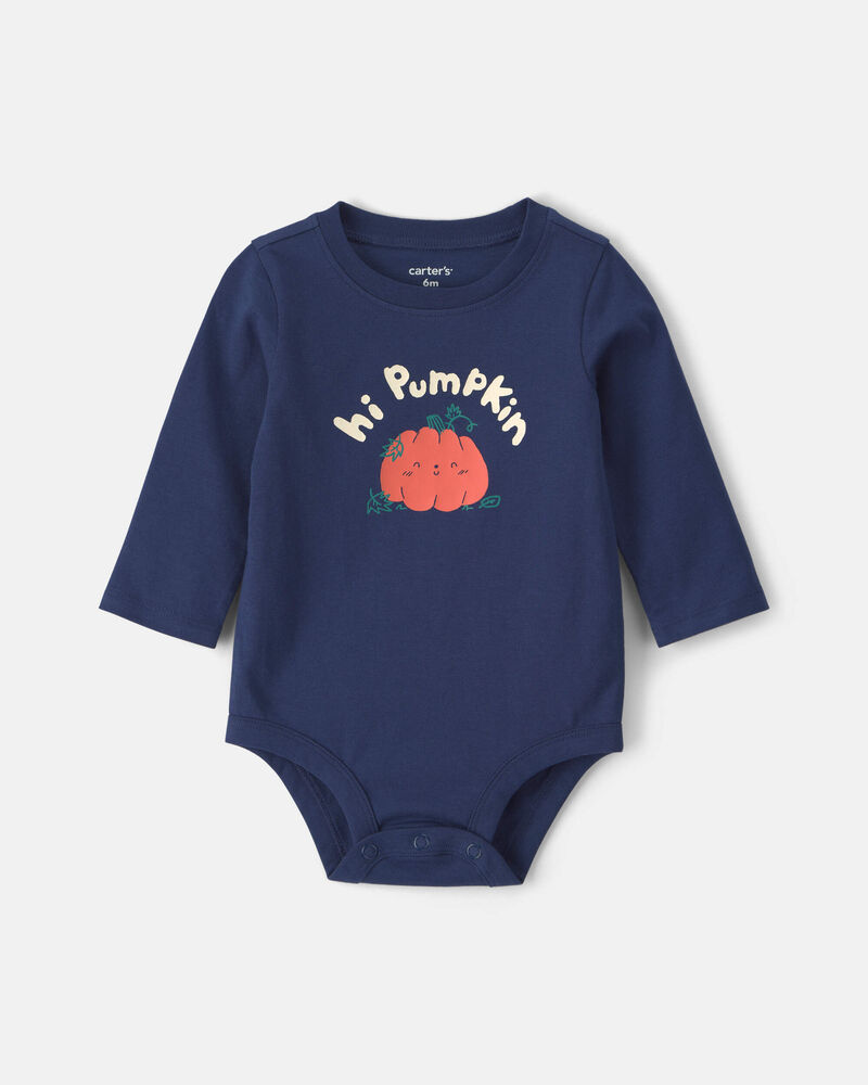 Baby Boy 'Hi Pumpkin' Long-Sleeve Graphic Bodysuit - Navy Blue, image 1 of 3 slides