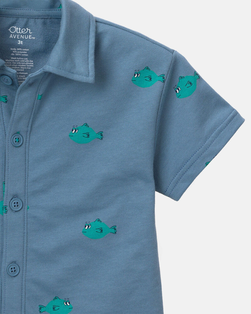 Toddler Boy Button-Down Short-Sleeve Shirt in Fish Print - Slate, image 6 of 6 slides
