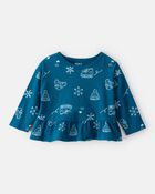 Baby Girl Winter Print Long-Sleeve Peplum Top - Blue, image 1 of 3 slides