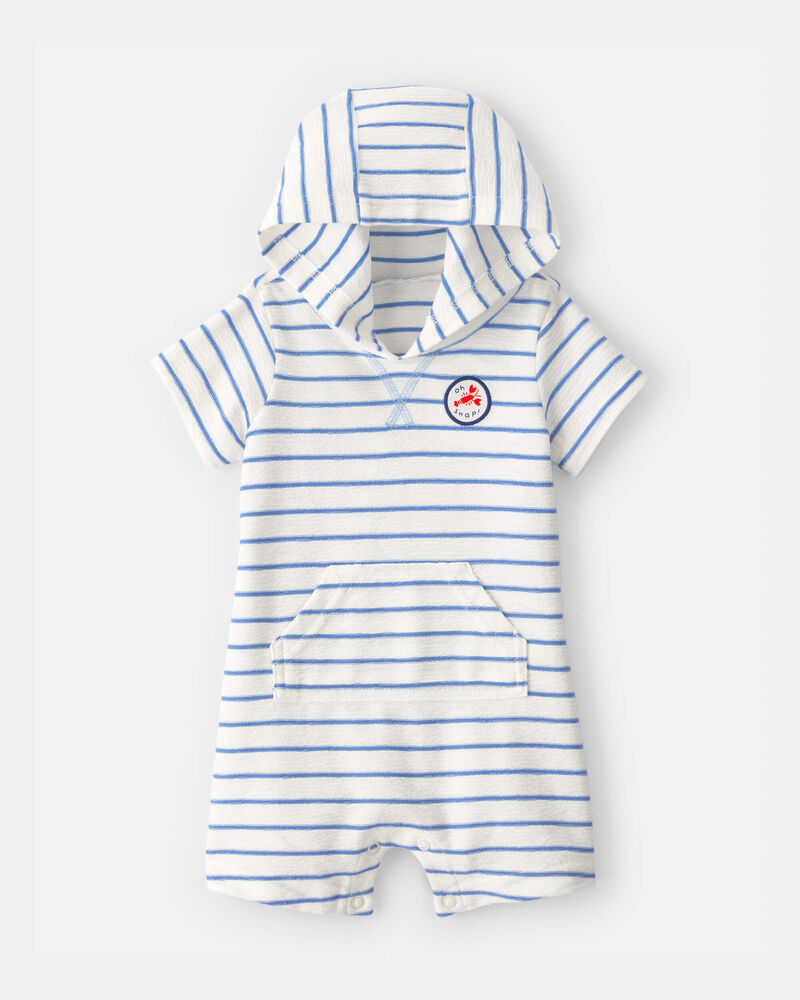 Baby Boy 'Oh Snap!' Lobster Stripe Short-Sleeve Hooded Romper - Blue/White, image 1 of 4 slides