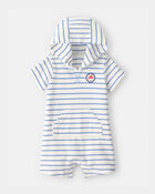 Baby Boy 'Oh Snap!' Lobster Stripe Short-Sleeve Hooded Romper - Blue/White, image 1 of 4 slides