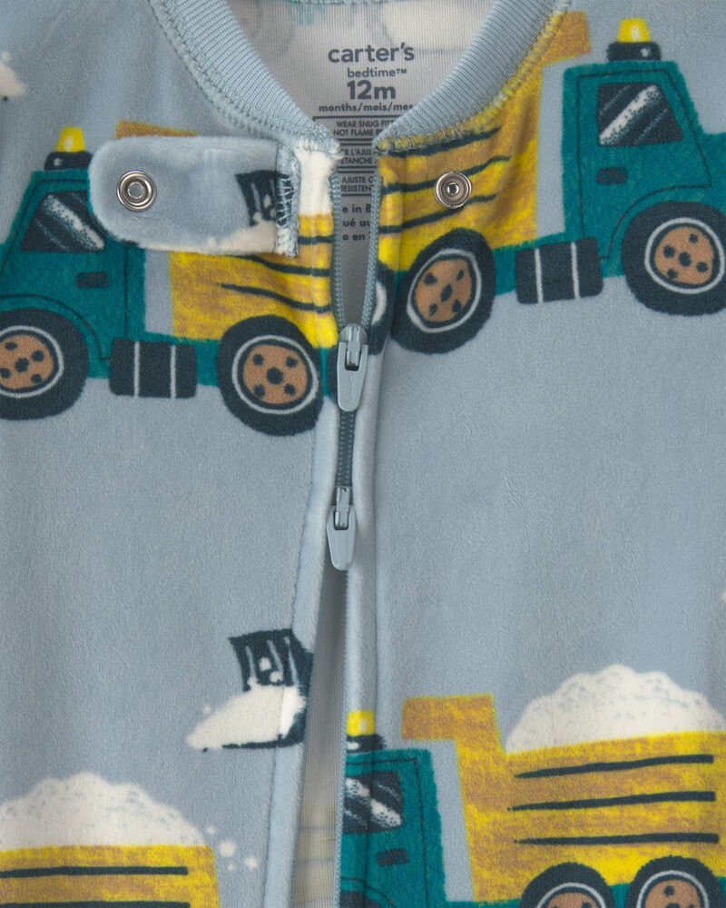 Baby Boy 1-Piece Snow Truck 2-Way Zip DreamPlush Snug Fit Footed Pyjama - Blue, image 3 of 5 slides