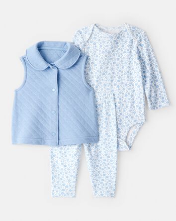 Baby Girl 3-Piece Floral Vest Outfit Set - Blue, 