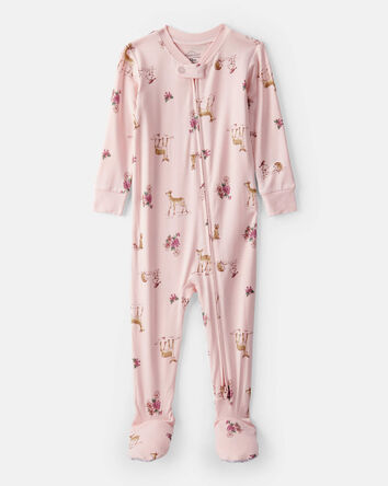 Bébé fille - Pyjamas 1 pièce à manches longues à fermeture éclair 2 voies PurelySoft avec imprimé cerf et floral - Rose, 